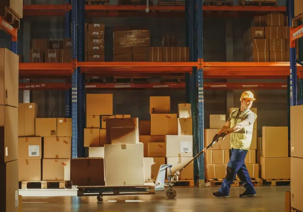 homme avec un casque travaillant dans un entrepôt 