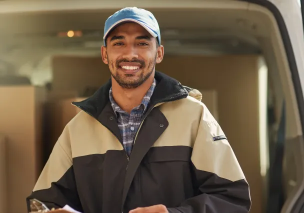 livreur souriant devant sa camionnette ouverte