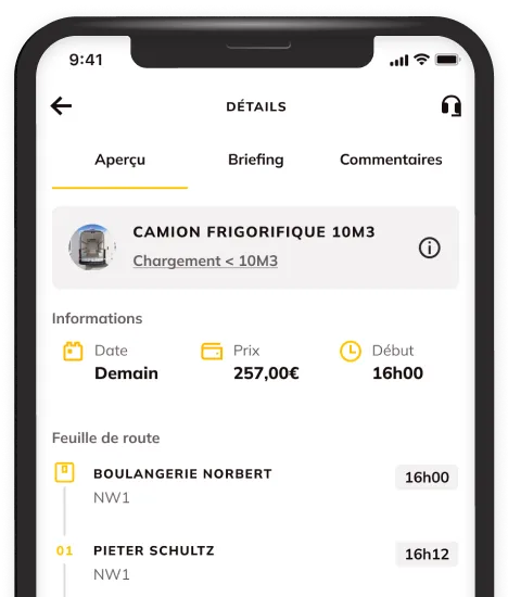 L'application Shippr sur un téléphone, affichant une mission en camion frigorifique