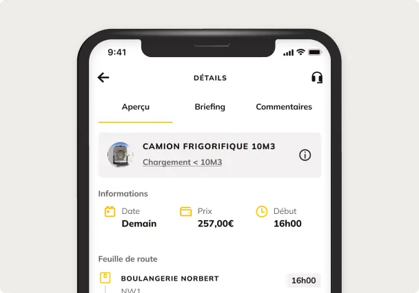 Le détail d'une mission en camion frigorifique 10 m³ dans l'application Shippr