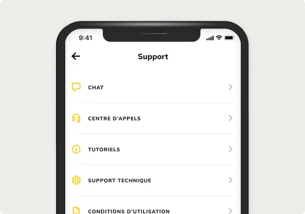 Le menu Support de l'application : chat, centre d'appels et tutoriels