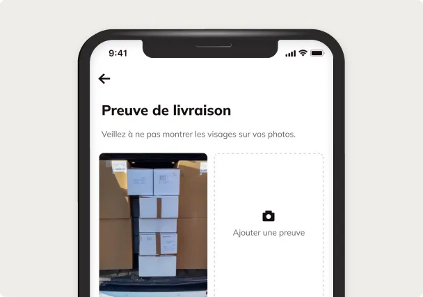L'écran Preuve de livraison de l'application, avec la photo d'une palette livrée