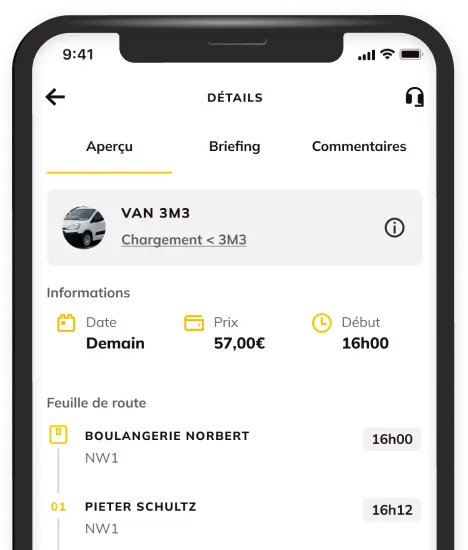 L'application Shippr sur un téléphone, affichant une mission en camionnette