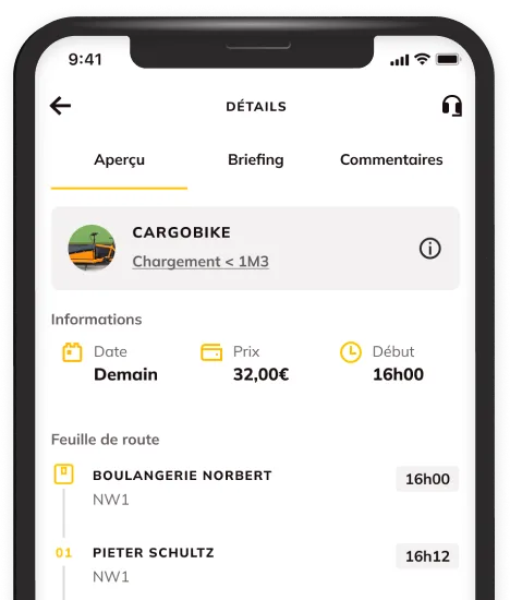 L'application Shippr sur un téléphone, affichant une mission en vélo cargo