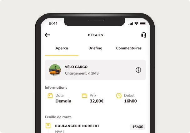 Le détail d'une mission en vélo cargo dans l'application Shippr