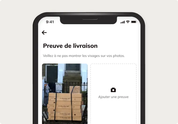 L'écran Preuve de livraison de l'application, avec la photo des colis déposés