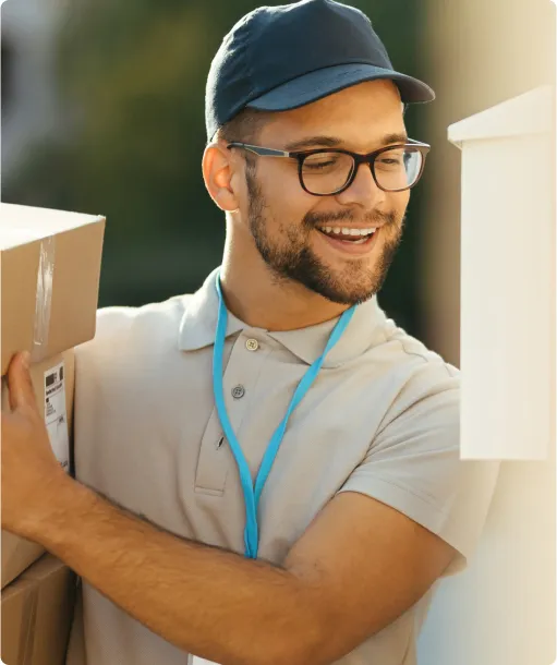 Un livreur souriant, casquette et lunettes, un colis sous le bras