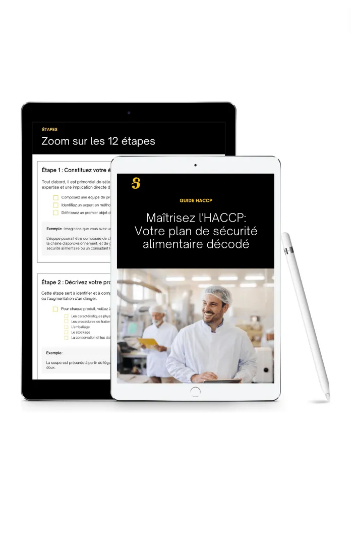 Le guide HACCP de Shippr affiché sur deux tablettes : la couverture et une page intérieure
