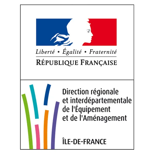 Logo de la DRIEA Île-de-France, la Direction régionale et interdépartementale de l’Équipement et de l’Aménagement, sous le bloc-marque de la République française