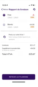 Le rapport de livraison dans l’application Shippr : deux arrêts, un supplément manutention de 4,50 € et un total hors TVA de 25,67 €