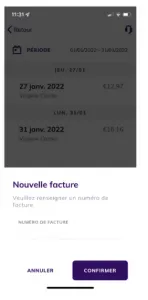 La fenêtre « Nouvelle facture », qui demande un numéro de facture avant de continuer, avec les boutons Annuler et Confirmer