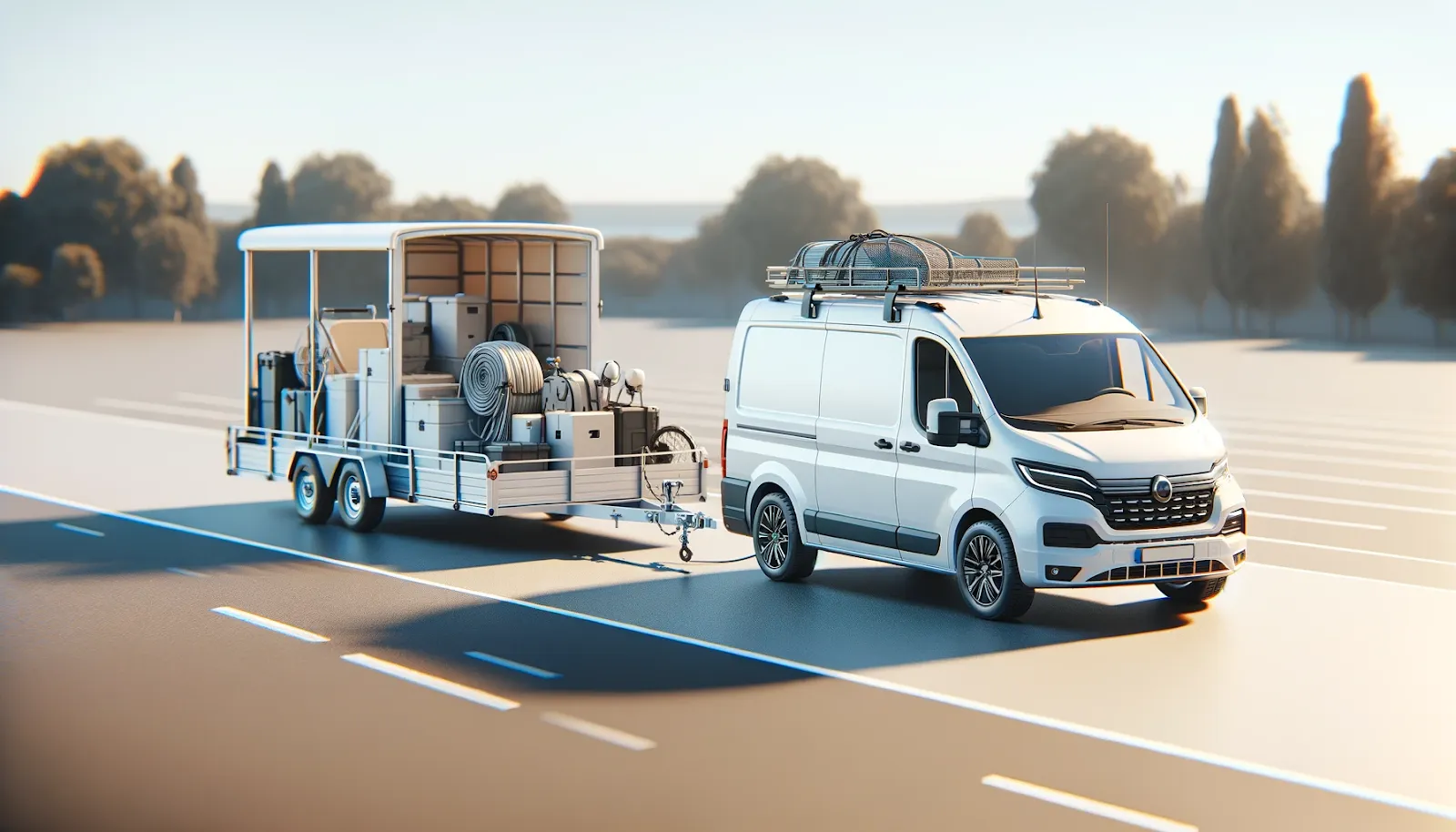A white panel van with a loaded roof rack, towing a trailer full of equipment along a road