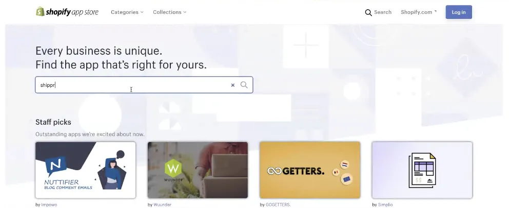L'App Store Shopify, avec « shippr » saisi dans la barre de recherche.