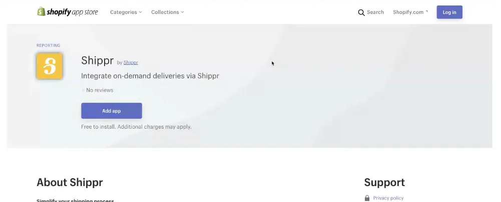 La fiche de l'application Shippr sur l'App Store Shopify, avec le bouton d'ajout.