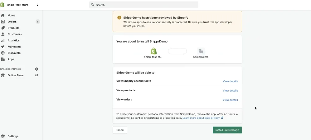L'écran des permissions demandées par l'application Shippr avant son installation.