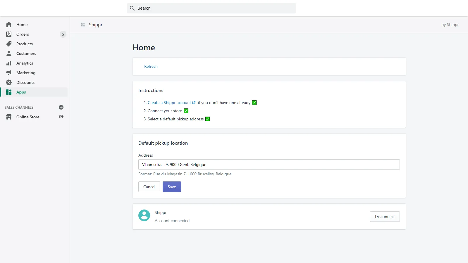 L'accueil de l'application Shippr dans l'administration Shopify, avec la liste des étapes à suivre.