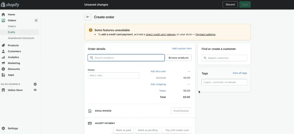 L'écran de création d'une commande dans l'administration Shopify.