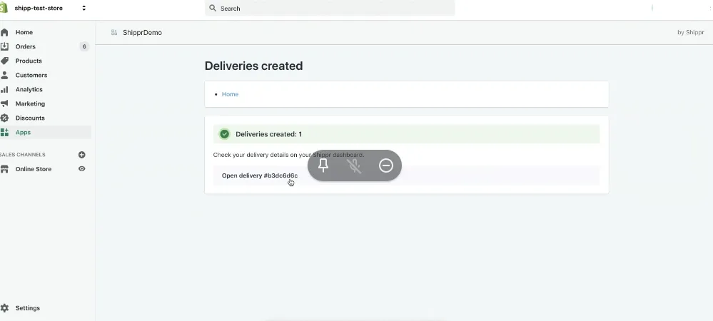 La confirmation Shopify indiquant que la livraison a été créée.